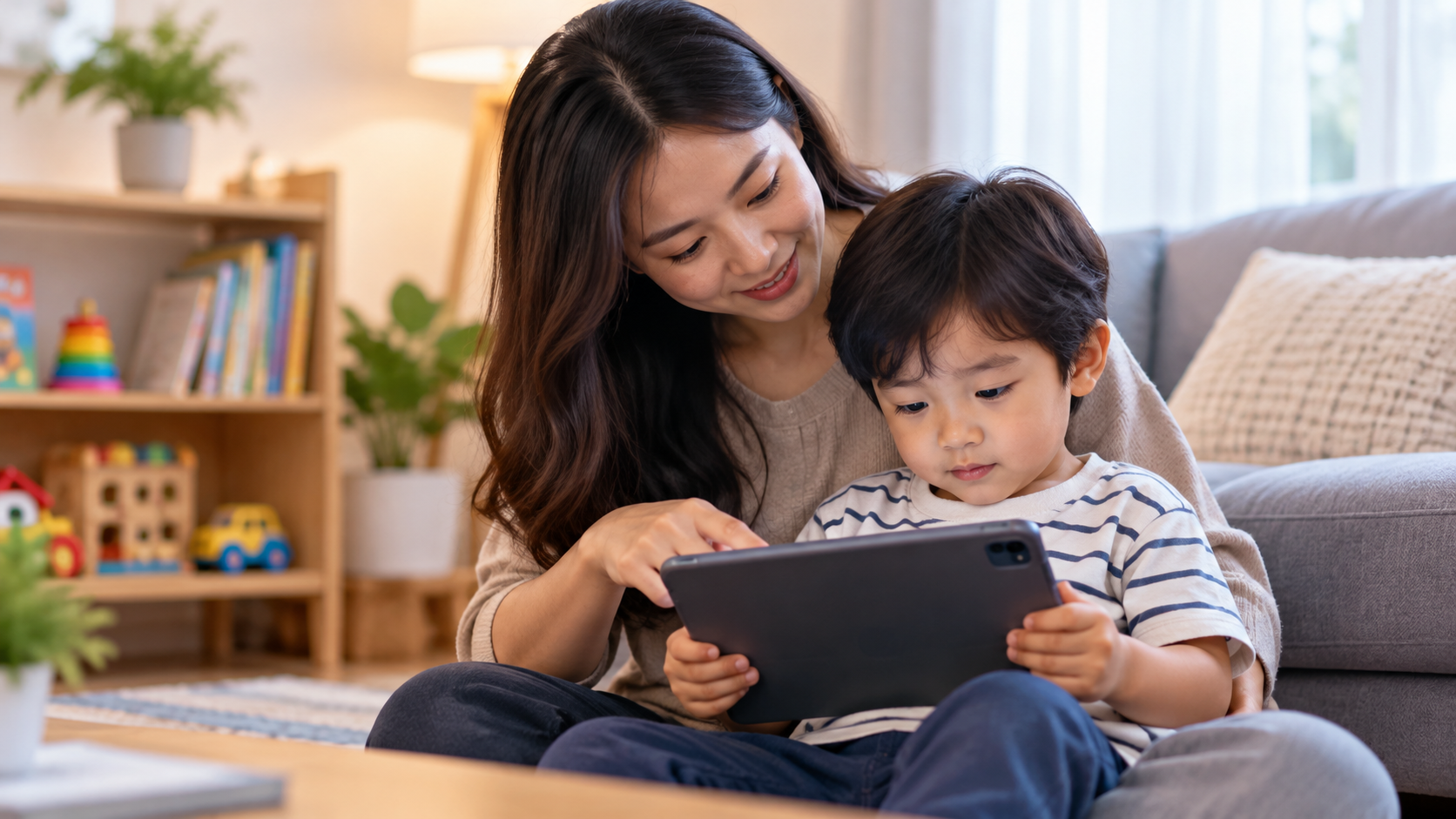 Anak menggunakan tablet dengan pendampingan orang tua untuk mengatur screen time.
