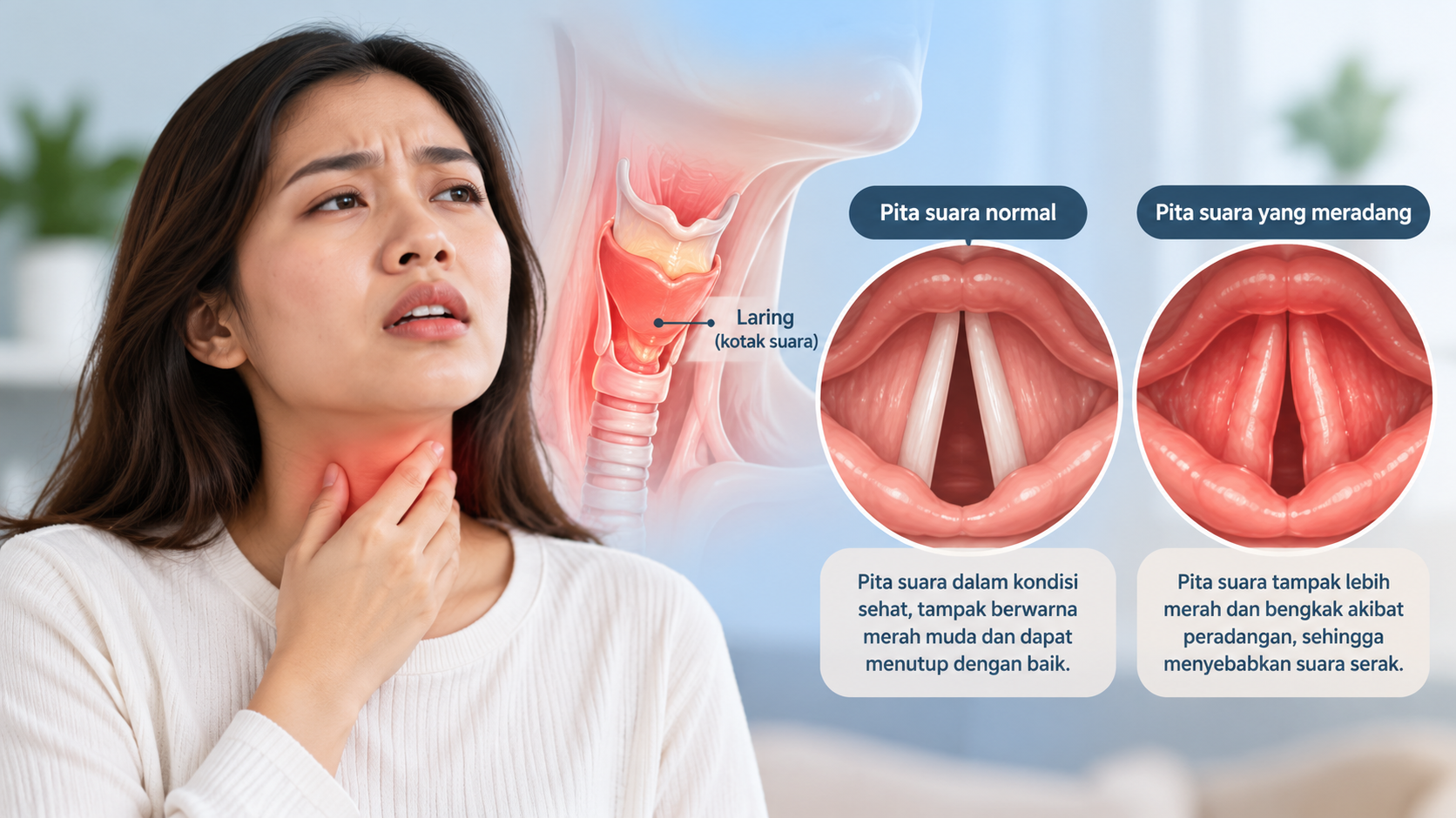 Ilustrasi gangguan pita suara yang menyebabkan suara serak dan pemeriksaan oleh dokter THT.